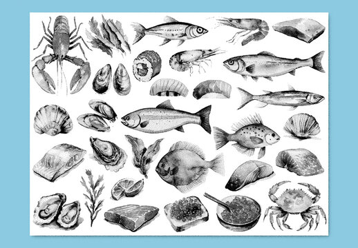 Vector watercolor painted style - seafood clipart with stipple noise texture effect