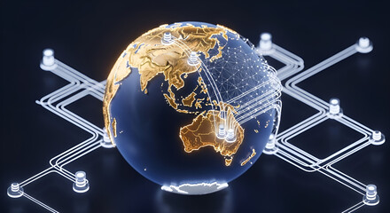 Global data network connections flowing across a digital 3D Earth render.