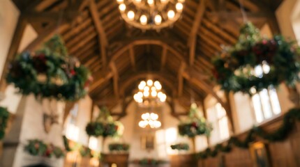 Festive Hall with Wreaths and Chandeliers