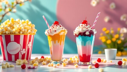Romantic movie night snacks, including popcorn buckets and themed drinks