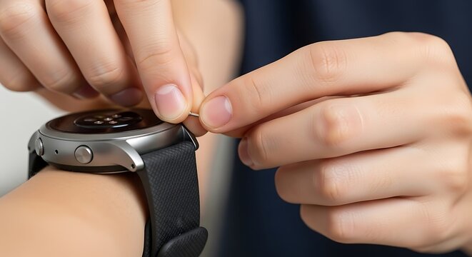 Close-up of hands adjusting a modern smartwatch strap on a wrist, illustrating wearable technology and daily routine - Powered by Adobe