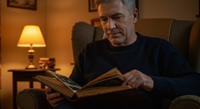 Mature caucasian man sitting in an armchair looking at old photographs in a photo album. Memory and nostalgia concept for family or historical-themed projects. - Powered by Adobe