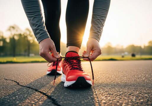 Running shoes tie laces close up for fitness jogging workout exercise and healthy lifestyle concept