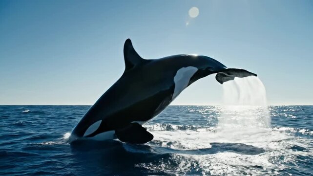 Orca whale leaping out of ocean under clear blue sky