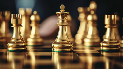 Elegant golden chess pieces gleaming on board ready for strategic competition
