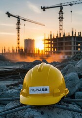 Construction site project 2026 with yellow hard hat and cranes at sunset for real estate development