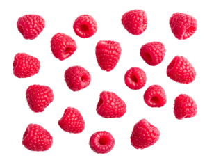 Raspberries isolated on white background appear fresh vibrant and detailed, showing natural texture and color while offering a clean simple presentation ideal for food design packaging education and d