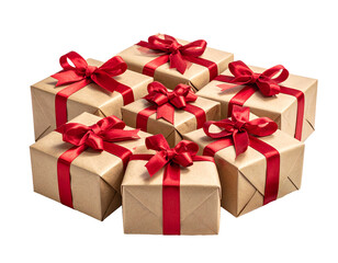 Obraz premium Gift boxes with red ribbons wrapped in eco paper sit isolated against a clean white background, creating a simple festive mood suitable for celebrations, holidays, presentations, promotions, and desig