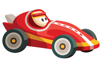 Smiling character races onward within a vibrant red toy car, a playful vector