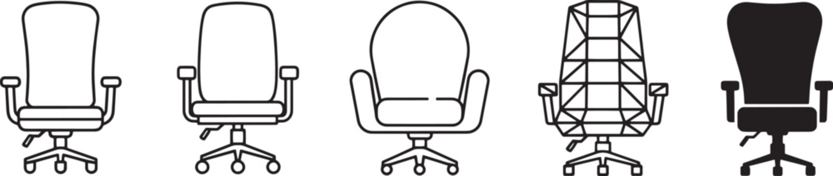 Collection of diverse modern office chairs, including line art, silhouette, and geometric designs, for business, home, and professional workspace furniture concepts. Vector