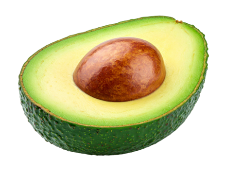 Avocado cut in half isolated on white background presented as a fresh, natural fruit section showing smooth texture, rich green color, healthy appeal, and clean detail for simple food visuals.