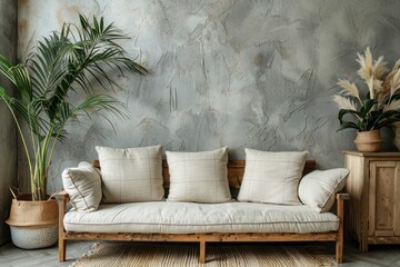 Boho Scandinavian Living Room Interior with Wooden Sofa, Beige Cushions, Grey Plaid, Cabinet, and Plant Pot Against Stucco Wall.