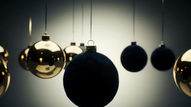 Cinematic 3D Rack Focus on Luxury Gold and Black Christmas Ornaments