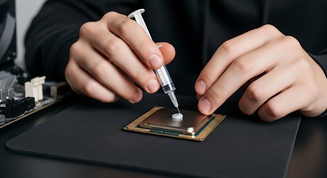Applying thermal paste to computer CPU with a syringe for optimal cooling and performance during PC assembly or maintenance.