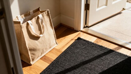 Shopping bag left by entry mat in warm afternoon light, homely mood, realistic indoor photography