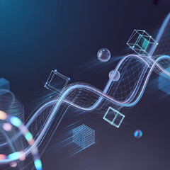 Abstract data stream with geometric shapes in digital space.