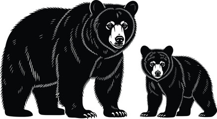 Highly detailed black vector illustration of a North American black bear sow and her cute cub standing together, representing wildlife, wilderness, family bond, and nature protection illustration © MstShahanaz