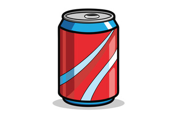 Upright red can shows stripes, is trimmed in blue and outlined in black