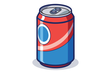 Red and blue stylized beverage can with a white stripe is displayed centrally