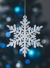 Clear Plastic Snowflake Hanging Ornament on Bokeh Background