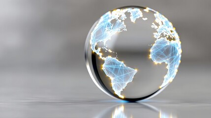 A close-up, low-angle shot of a glass globe with illuminated continents and a glowing blue network of lines connecting points across the surface. The globe sits
