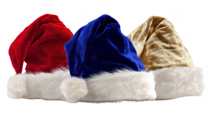 Three distinct holiday hats in red blue and gold colors, AI, PNG