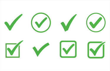 Collection of green checkmarks in various shapes and styles for confirmation and approval