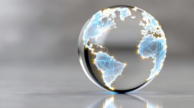A close-up, low-angle shot of a glass globe with illuminated continents and a glowing blue network of lines connecting points across the surface. The globe sits - Powered by Adobe