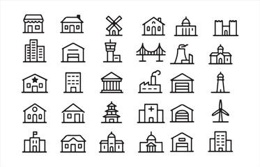 A collection of simple black and white line art icons representing various types of buildings and structures