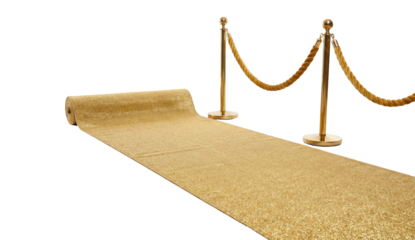 Golden carpet runner with rope barriers isolated on transparent background