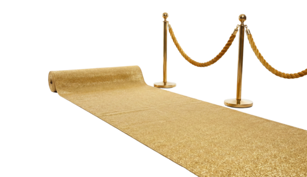 Golden carpet runner with rope barriers isolated on transparent background - Powered by Adobe