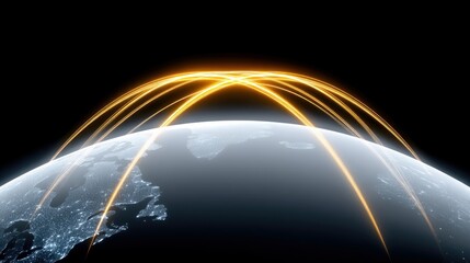 A stylized depiction of Earth at night, with glowing city lights visible. Orange light trails arc across the atmosphere, connecting different parts of the plane