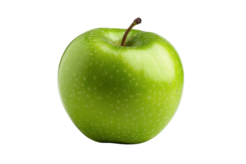 Single bright green apple with stem on black background studio shot fruit food, Isolated On Transparent Background, Png