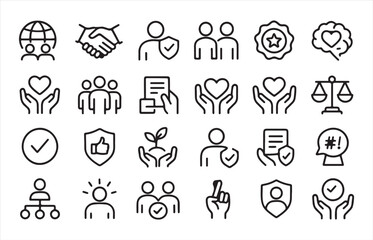 Collection of hand drawn icons representing business values trust teamwork and growth