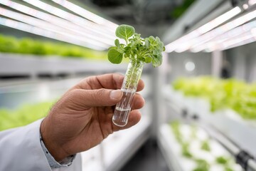 Scientist holds test tube with young plant in modern indoor farm during research and cultivation