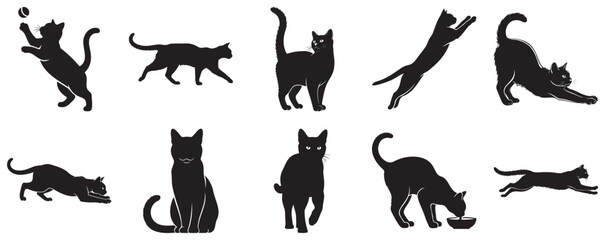 Collection of black cat silhouettes in various poses and activities