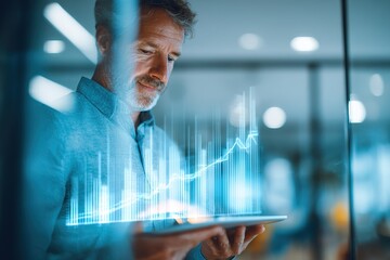 Business professional analyzes data trends on digital tablet in modern office environment