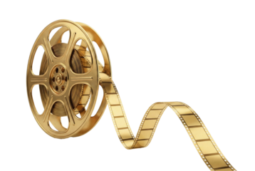 Golden film reel with film strip unwinding, transparent background