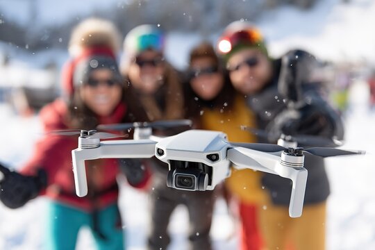 Friends enjoying winter activities while posing with a drone on a snowy day in the mountains