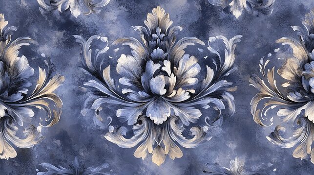 Elegant seamless pattern with ornate blue and gold damask floral motifs on a textured background - Powered by Adobe