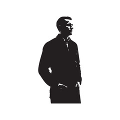 Silhouette of a man in a collared shirt and pants standing with hands in pockets