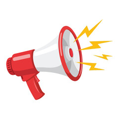 Bright red megaphone emitting loud sound waves and energy bolts illustration