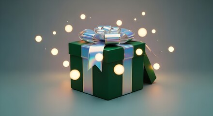 Emerald green gift box with iridescent holographic gold ribbon in a luxury modern holiday setup