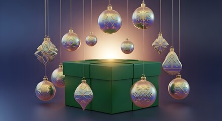 Emerald gift box surrounded by floating holographic gold ornaments in a modern luxury Christmas composition