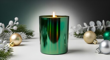 Hero shot of emerald candle with holographic gold shine and elegant modern Christmas lighting