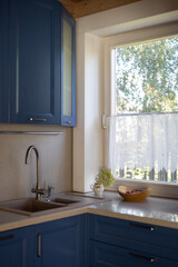 blue kitchen with a window in a log house