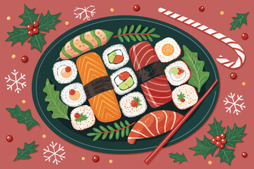 Vibrant Christmas Sushi Platter With Festive Eleme Professional Photo