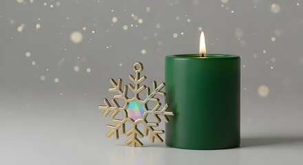 Emerald candle with holographic gold snowflake ornament in a futuristic luxury Christmas scene