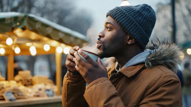 Young adult black man enjoying a hot steaming drink from a mug on a cold evening. Person in warm winter clothing at an outdoor festive market with beautiful bokeh lights