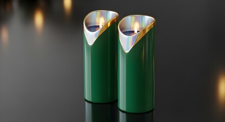 Emerald candle duo with holographic gold edge glow in a futuristic luxury Christmas atmosphere